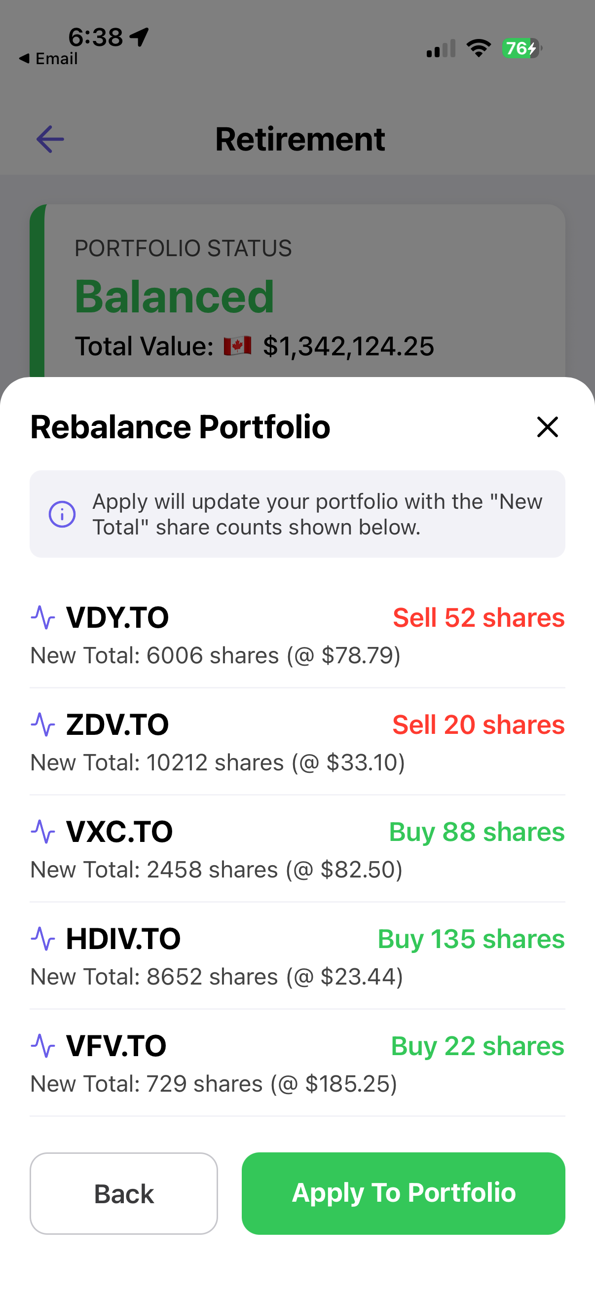 Rebalance app showing an ETF portfolio with target, actual, and difference values.